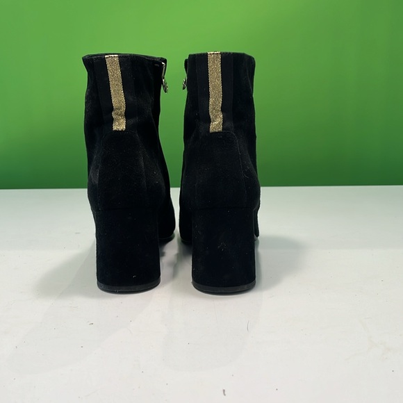 Funky suede black booties with gold ribbon accent on back. Heel is round. - Picture 2 of 4